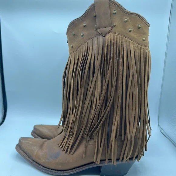 Old West Sz 8 Brown Leather Fringe Western Cowgirl Boho Boots - Picture 6 of 15
